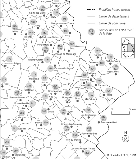 Carte de localisation des édifices industriels étudiés : partie centre-est.Fonds de carte : BD carto IGN 1991. © André Céréza / Région Bourgogne-Franche-Comté, Inventaire du patrimoine - 2002