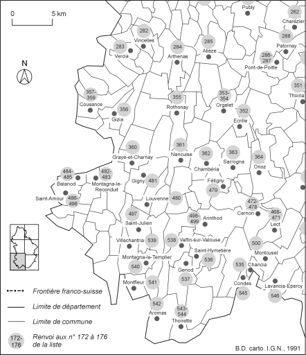 Carte de localisation des édifices industriels étudiés : partie sud-ouest.Fonds de carte : BD carto IGN 1991. © André Céréza / Région Bourgogne-Franche-Comté, Inventaire du patrimoine - 2002