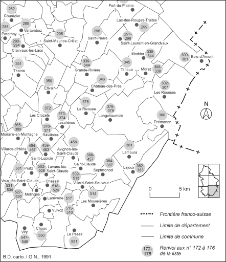Carte de localisation des édifices industriels étudiés : partie sud-est.Fonds de carte : BD carto IGN 1991. © André Céréza / Région Bourgogne-Franche-Comté, Inventaire du patrimoine - 2002