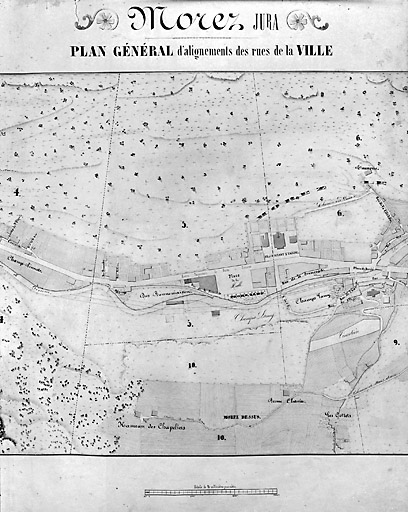 Morez. Plan d'alignements [plan dépliant : 3e partie, au centre], 1845-1859. © Yves Sancey / Région Bourgogne-Franche-Comté, Inventaire du patrimoine - 2002