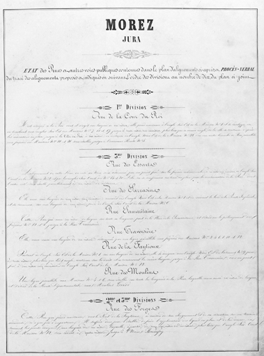 Morez. Plan d'alignements [1ère page de l'Etat des rues et autres voies publiques...], 1845-1859. © Yves Sancey / Région Bourgogne-Franche-Comté, Inventaire du patrimoine - 2002
