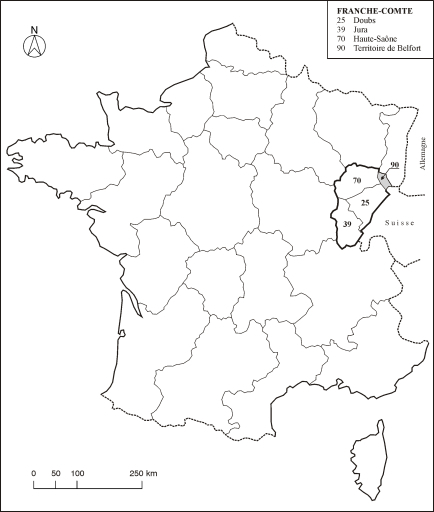 Carte de localisation du département du Territoire de Belfort dans la région et le pays.Fonds de carte : BD carto IGN 1991. © André Céréza / Région Bourgogne-Franche-Comté, Inventaire du patrimoine - 2002