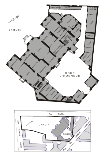 Croquis restituant la distribution intérieure du rez-de-chaussée au 18e siècle. © André Céréza / Région Bourgogne-Franche-Comté, Inventaire du patrimoine - 2003