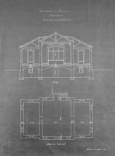 Université de Besançon. Observatoire. Bâtiment de la bibliothèque. Coupe [et] Plan du sous-sol, 1ère moitié 20e siècle ? © Jérôme Mongreville / Région Bourgogne-Franche-Comté, Inventaire du patrimoine - 2003