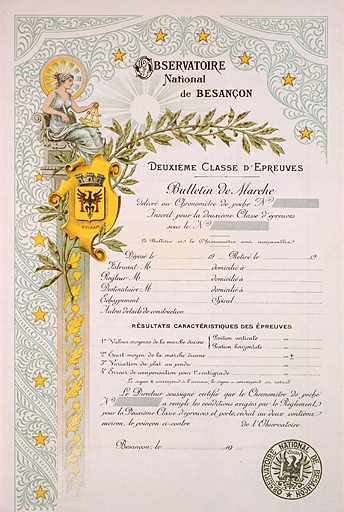 [Bulletin de marche d'un chronomètre de poche, deuxième classe d'épreuves], 1ère moitié 20e siècle. © Jérôme Mongreville / Région Bourgogne-Franche-Comté, Inventaire du patrimoine - 2003