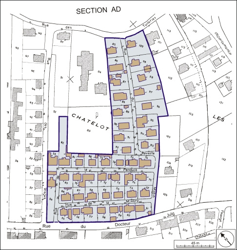 Plan-masse et de situation. Extrait du plan cadastral, 1979, section AI, 1:1500. © André Céréza / Région Bourgogne-Franche-Comté, Inventaire du patrimoine - 2003