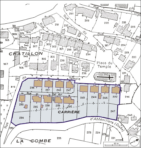 Plan-masse et de situation. Extrait du plan cadastral, 1979, section AH, 1:1000. © André Céréza / Région Bourgogne-Franche-Comté, Inventaire du patrimoine - 2003