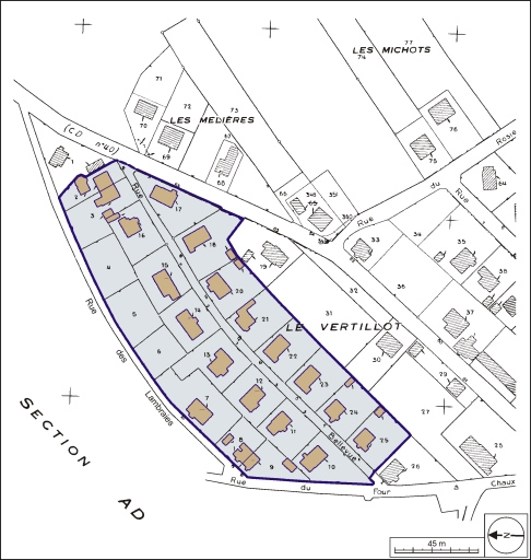Plan-masse et de situation. Extrait du plan cadastral, 1979, section AE, 1:1500. © André Céréza / Région Bourgogne-Franche-Comté, Inventaire du patrimoine - 2003