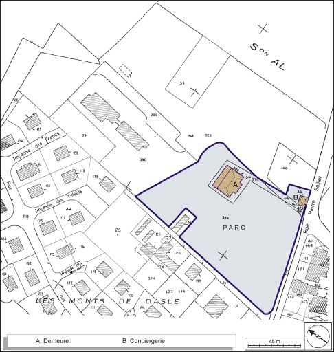 Plan-masse et de situation. Extrait du plan cadastral, 1984, section AM, 1:2000 agrandi à 1:1500. © André Céréza / Région Bourgogne-Franche-Comté, Inventaire du patrimoine - 2003 Plan-masse et de situation. Extrait du plan cadastral, 1984, section AM, 1:2000 agrandi à 1:1500. © André Céréza / Région Bourgogne-Franche-Comté, Inventaire du patrimoine - 2003