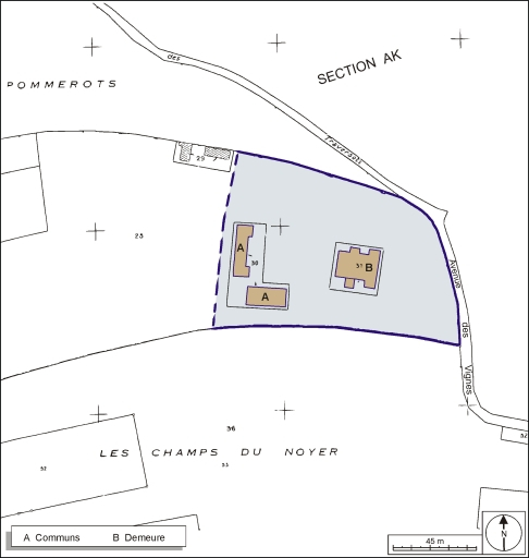 Plan-masse et de situation. Extrait du plan cadastral, 1984, section AN, 1:2000 agrandi à 1:1500. © André Céréza / Région Bourgogne-Franche-Comté, Inventaire du patrimoine - 2003