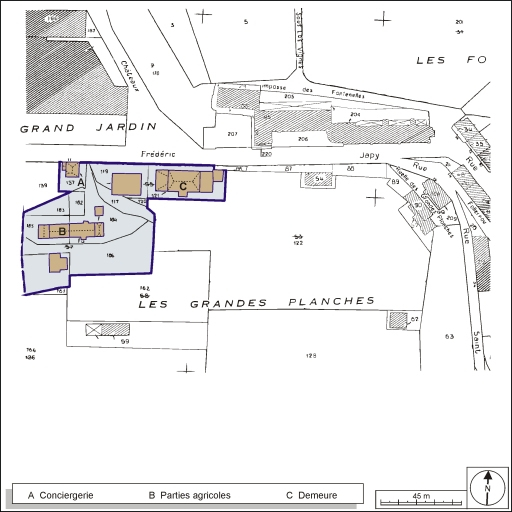 Plan-masse et de situation. Extrait du plan cadastral, 1984, section AL, 1:1000 réduit à 1:1500. © André Céréza / Région Bourgogne-Franche-Comté, Inventaire du patrimoine - 2003