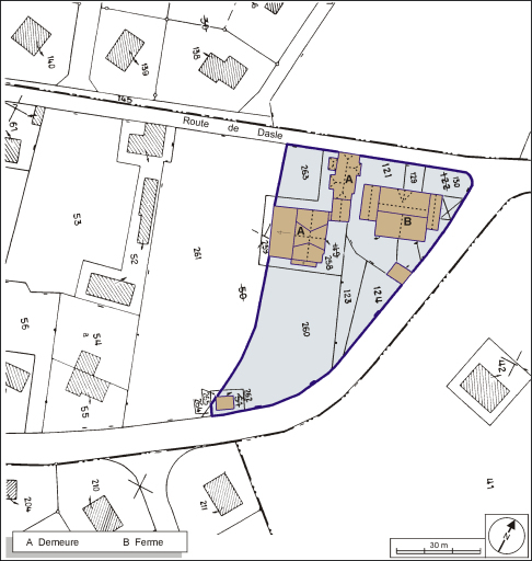 Plan-masse et de situation. Extrait du plan cadastral, 1984, section AM, 1:1000. © André Céréza / Région Bourgogne-Franche-Comté, Inventaire du patrimoine - 2003