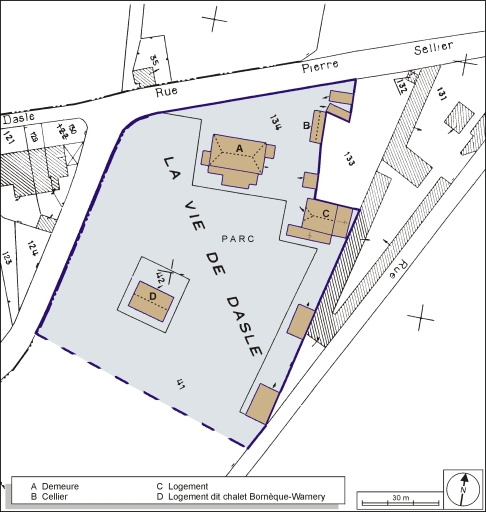 Plan-masse et de situation. Extrait du plan cadastral, 1979, section AM, 1:1000. © André Céréza / Région Bourgogne-Franche-Comté, Inventaire du patrimoine - 2003