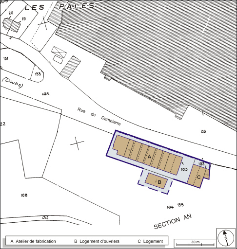 Plan-masse et de situation. Extrait du plan cadastral, 1984, section AN, 1:1000. © Yves Sancey / Région Bourgogne-Franche-Comté, Inventaire du patrimoine - 2003 Plan-masse et de situation. Extrait du plan cadastral, 1984, section AN, 1:1000. © Yves Sancey / Région Bourgogne-Franche-Comté, Inventaire du patrimoine - 2003