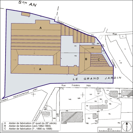 Plan-masse et de situation. Extrait du plan cadastral, 1984, section AL, 1:1000 réduit à 1: 1500. © André Céréza / Région Bourgogne-Franche-Comté, Inventaire du patrimoine - 2003