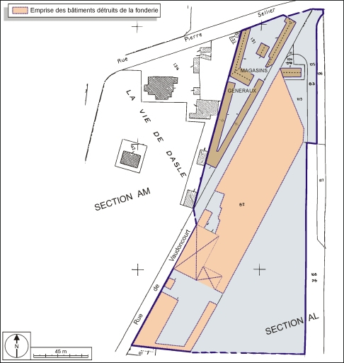 Plan-masse et de situation. Montage d'extraits de plan cadastral, 1979, sections AL et AM, 1:000, le tout réduit à 1:1500. © André Céréza / Région Bourgogne-Franche-Comté, Inventaire du patrimoine - 2003