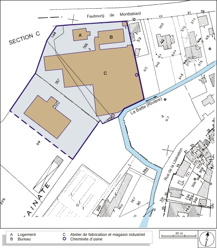 Plan-masse et de situation. Extrait du plan cadastral, 1984, section AI, 1:1000. © André Céréza / Région Bourgogne-Franche-Comté, Inventaire du patrimoine - 2003