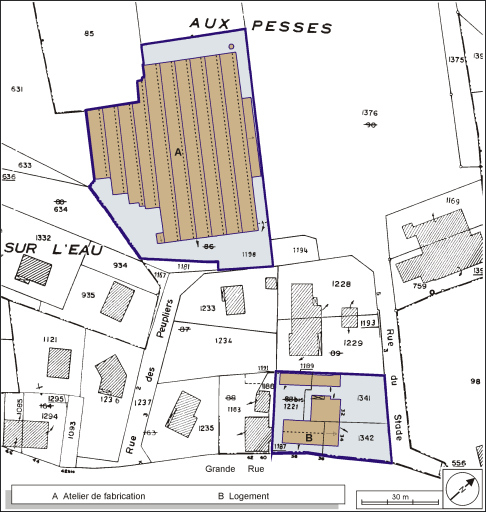 Plan-masse et de situation. Extrait du plan cadastral, 1984, section C, 1:1000. © André Céréza / Région Bourgogne-Franche-Comté, Inventaire du patrimoine - 2003