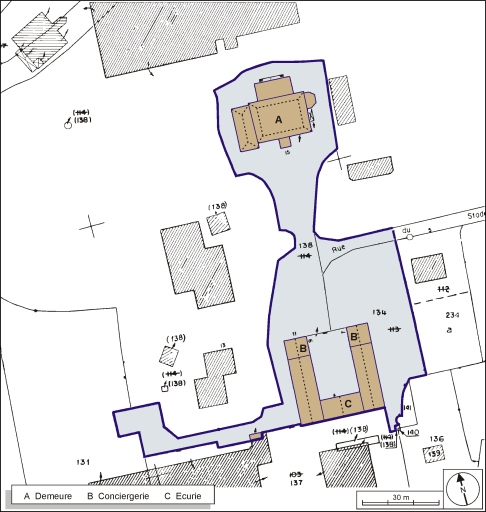 Plan-masse et de situation. Extrait du plan cadastral, 1984, section A, 1:1000. © André Céréza / Région Bourgogne-Franche-Comté, Inventaire du patrimoine - 2003