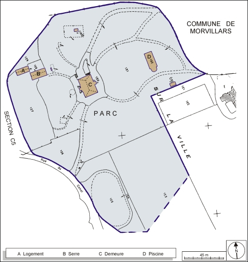Plan-masse et de situation. Extrait du plan cadastral, 1984, section A, 1:1000 réduit à 1:1500. © André Céréza / Région Bourgogne-Franche-Comté, Inventaire du patrimoine - 2003