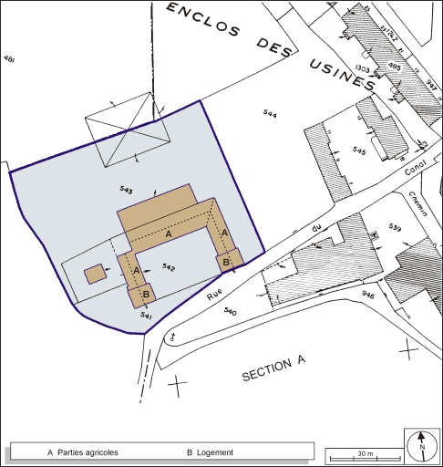 Plan-masse et de situation. Extrait du plan cadastral, 1952, section C, 1:1000. © André Céréza / Région Bourgogne-Franche-Comté, Inventaire du patrimoine - 2003