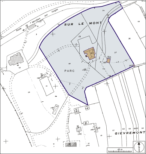 Plan-masse et de situation. Extrait du plan cadastral, 1984, section B, 1:1000 réduit à 1:1500. © André Céréza / Région Bourgogne-Franche-Comté, Inventaire du patrimoine - 2003