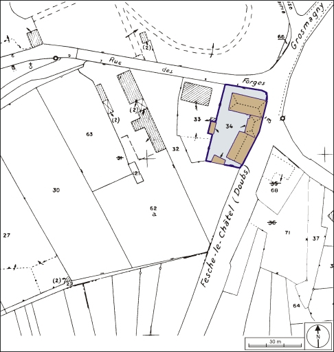 Plan-masse et de situation. Extrait du plan cadastral, 1984, section B, 1:1000. © André Céréza / Région Bourgogne-Franche-Comté, Inventaire du patrimoine - 2003
