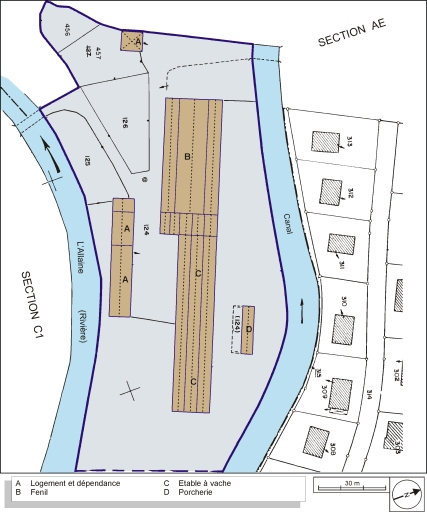 Plan-masse et de situation. Extrait du plan cadastral, 1984, section AD, 1:1000. © André Céréza / Région Bourgogne-Franche-Comté, Inventaire du patrimoine - 2003