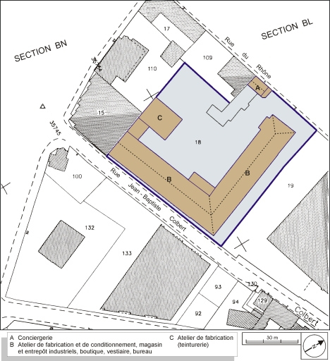 Plan-masse et de situation. Extrait du plan cadastral, 2001, section BM, 1:1000. © André Céréza / Région Bourgogne-Franche-Comté, Inventaire du patrimoine - 2003
