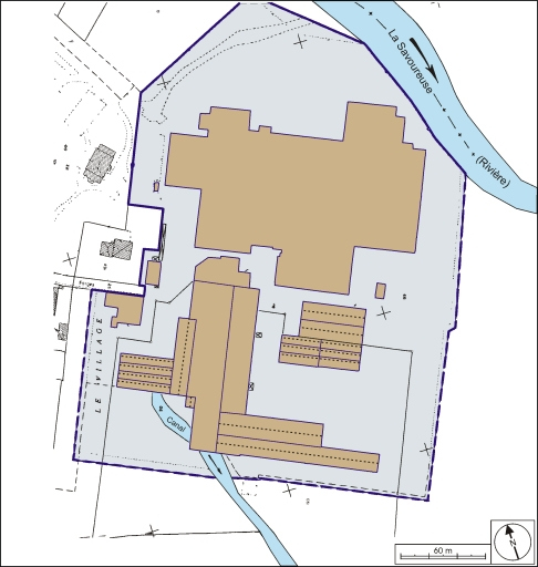 Plan-masse de l'usine. Extrait du plan cadastral, 1991, section AM, 1:1000 réduit à 1:2000. © André Céréza / Région Bourgogne-Franche-Comté, Inventaire du patrimoine - 2003 Plan-masse de l'usine. Extrait du plan cadastral, 1991, section AM, 1:1000 réduit à 1:2000. © André Céréza / Région Bourgogne-Franche-Comté, Inventaire du patrimoine - 2003
