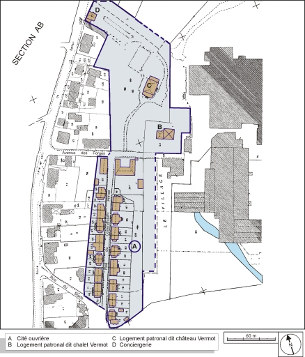 Plan-masse de la cité ouvrière du Commandant Prince et des logements patronaux. Extrait du plan cadastral, 1991, section AM, 1:1000 réduit à 1:2000. © André Céréza / Région Bourgogne-Franche-Comté, Inventaire du patrimoine - 2003 Plan-masse de la cité ouvrière du Commandant Prince et des logements patronaux. Extrait du plan cadastral, 1991, section AM, 1:1000 réduit à 1:2000. © André Céréza / Région Bourgogne-Franche-Comté, Inventaire du patrimoine - 2003