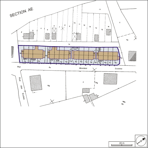 Plan-masse de la cité ouvrière rue du Maréchal Delattre de Tassigny. Extrait du plan cadastral, 1991, section AC, 1:500 réduit à 1:750. © André Céréza / Région Bourgogne-Franche-Comté, Inventaire du patrimoine - 2003 Plan-masse de la cité ouvrière rue du Maréchal Delattre de Tassigny. Extrait du plan cadastral, 1991, section AC, 1:500 réduit à 1:750. © André Céréza / Région Bourgogne-Franche-Comté, Inventaire du patrimoine - 2003