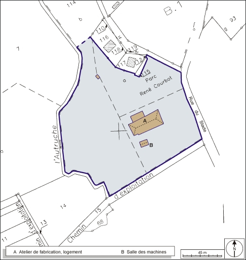 Plan-masse et de situation. Extrait du plan cadastral, 2001, section ZB, 1:2000 agrandi à 1:1500. © André Céréza / Région Bourgogne-Franche-Comté, Inventaire du patrimoine - 2003