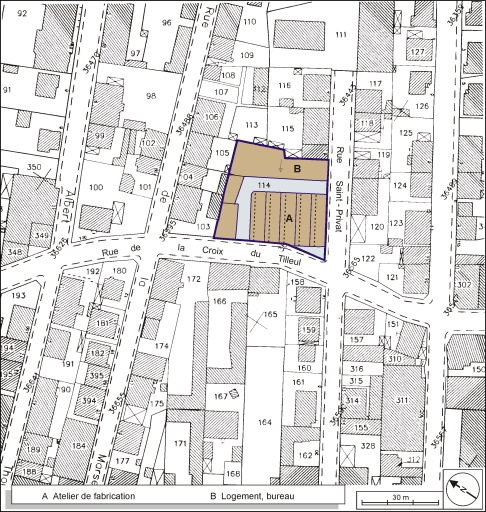 Plan-masse et de situation. Extrait du plan cadastral, 2001, section AD, 1:1000. © André Céréza / Région Bourgogne-Franche-Comté, Inventaire du patrimoine - 2003