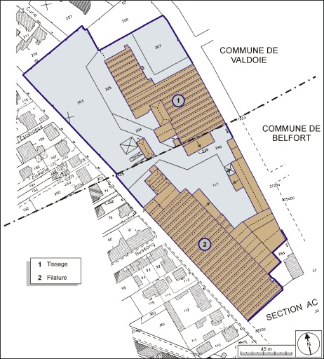 Plan-masse et de situation de l'usine. Montage d'extraits de plan cadastral : Belfort, 2001, section AB, 1:1000 et Valdoie, 2000, section BK, 1:1000, l'ensemble réduit à 1:1500. © André Céréza / Région Bourgogne-Franche-Comté, Inventaire du patrimoine - 2003