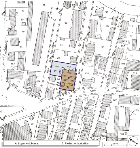 Plan-masse et de situation. Extrait du plan cadastral, 2001, section AD, 1:1000. © André Céréza / Région Bourgogne-Franche-Comté, Inventaire du patrimoine - 2003
