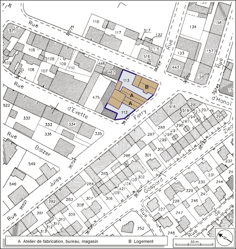 Plan-masse et de situation. Extrait du plan cadastral, 2001, section AE, 1:1000. © André Céréza / Région Bourgogne-Franche-Comté, Inventaire du patrimoine - 2003