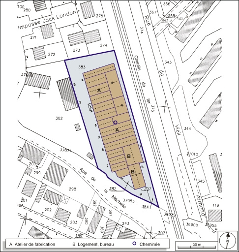 Plan-masse et de situation. Extrait du plan cadastral, 2001, section AB, 1:1000. © André Céréza / Région Bourgogne-Franche-Comté, Inventaire du patrimoine - 2003
