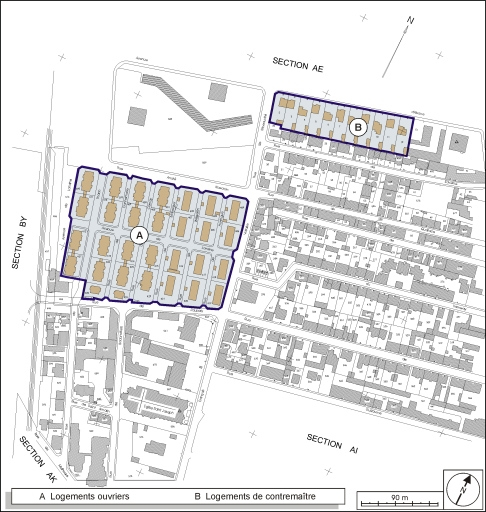 Plan de situation des logements d'ouvriers et des logements de contremaître. Extrait du plan cadastral, 2001, section AH, 1:1000 réduit à 1:3000. © André Céréza / Région Bourgogne-Franche-Comté, Inventaire du patrimoine - 2003