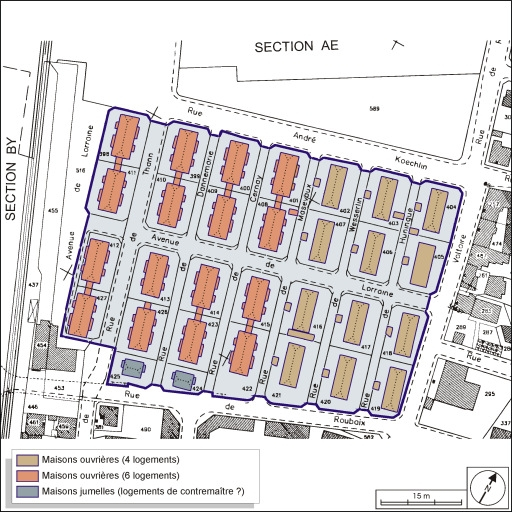 Plan-masse des logements ouvriers. Extrait du plan cadastral, 2001, section AH, 1:1000 réduit à 1:1500. © André Céréza / Région Bourgogne-Franche-Comté, Inventaire du patrimoine - 2003
