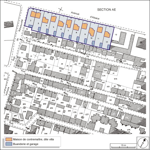 Plan-masse des logements de contremaître. Extrait du plan cadastral, 2001, section AH, 1:1000 réduit à 1:1500. © André Céréza / Région Bourgogne-Franche-Comté, Inventaire du patrimoine - 2003