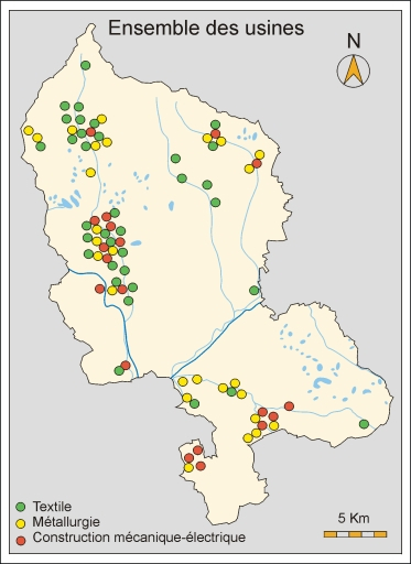 Implantation de l'industrie métallurgique, textile et de la construction mécanique et électrique. Fonds de carte : BD carto IGN 2000. © André Céréza / Région Bourgogne-Franche-Comté, Inventaire du patrimoine - 2003