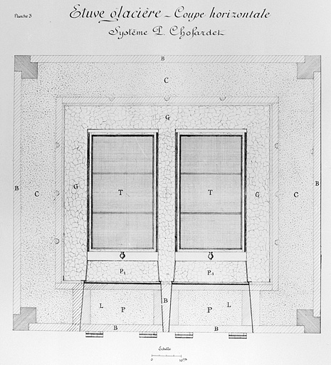 Etuve glacière système P. Chofardet. Coupe horizontale, 1906. © Yves Sancey, Paul Chofardet / Région Bourgogne-Franche-Comté, Inventaire du patrimoine - 2004 Etuve glacière système P. Chofardet. Coupe horizontale, 1906. © Yves Sancey, Paul Chofardet / Région Bourgogne-Franche-Comté, Inventaire du patrimoine - 2004