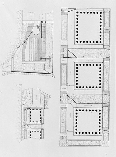[Etuves inventées par A. Hérique et fabriquées par l'ébéniste Baudot. Plans et coupes, avec représentation du calorifère], limite 19e siècle 20e siècle. © Yves Sancey / Région Bourgogne-Franche-Comté, Inventaire du patrimoine - 2004