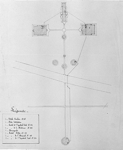 Plan général [du site avec implantation des pendules et câblage], limite 19e siècle 20e siècle. © Yves Sancey / Région Bourgogne-Franche-Comté, Inventaire du patrimoine - 2004