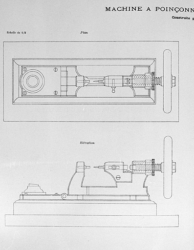 Machine à poinçonner les chronomètres construite par Hérique. Plan [et] Elévation, 1898. © Yves Sancey / Région Bourgogne-Franche-Comté, Inventaire du patrimoine - 2004