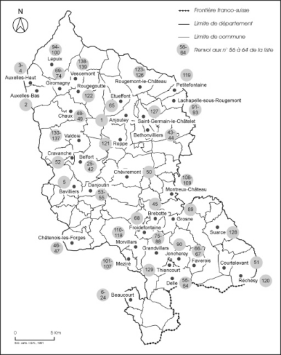 Carte de localisation des oeuvres étudiées [dans le cadre du Repérage du Patrimoine industriel].Fonds de carte : BD carto IGN 1991. © André Céréza / Région Bourgogne-Franche-Comté, Inventaire du patrimoine - 2004