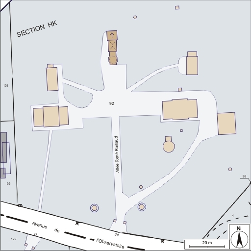 Plan-masse et de situation. Extrait du plan cadastral informatisé, 2004, section HK, échelle 1:1000 agrandie à 1:750. © André Céréza / Région Bourgogne-Franche-Comté, Inventaire du patrimoine - 2005
