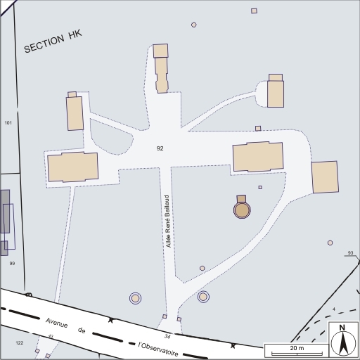 Plan-masse et de situation. Extrait du plan cadastral informatisé, 2004, section HK, échelle 1:1000 agrandie à 1:750. © André Céréza / Région Bourgogne-Franche-Comté, Inventaire du patrimoine - 2005