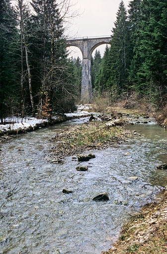 Viaduc : vue d'une pile, depuis le fond du vallon au nord-est. © Yves Sancey / Région Bourgogne-Franche-Comté, Inventaire du patrimoine - 2005